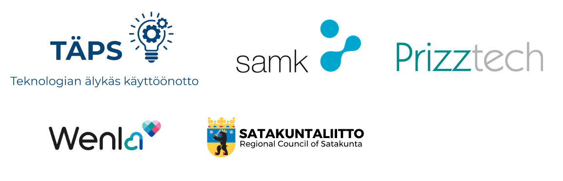 TÄPS -hankkeessa mukana olevien organisaatioiden ja tahojen logot (TÄPS -logo, SAMK, Prizztech, Wenla, Satakuntaliitto)