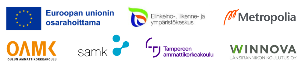 Ikäteknosnet-hankkeen logorivi, rahoittajien ja toteuttajien logot