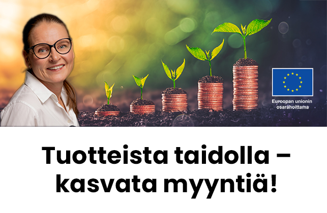 Kuvassa vasemmalla Riikka Nurmi. Oikealla luontomaisema, jossa oikealle päin kasvavien kolikkopinojen päältä kasvaa versoja.