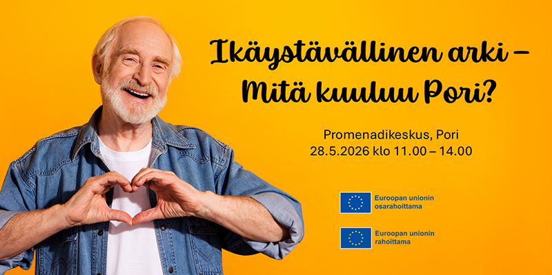 Ikäystävällinen arki - Mitä kuuluu Pori? tapahtuman kuvassa ikääntynyt mies, joka tekee käsillä sydämen.